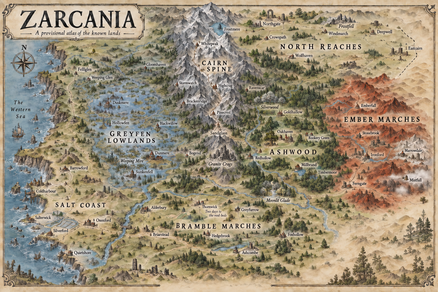 Map of Zarcania showing its seven regions, townships, and landmarks.